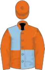 Orange and light blue (quartered), orange sleeves and cap