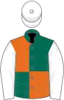 Dark green and orange (quartered), white sleeves and cap