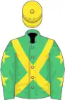 Emerald green, yellow cross belts, emerald green sleeves, yellow stars, yellow cap