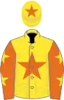 Yellow, orange star, orange sleeves, yellow stars, yellow cap, orange star