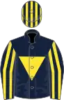 Dark blue, yellow inverted triangle, striped sleeves and cap