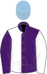 Purple and white (halved), sleeves reversed, light blue cap