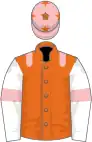 Orange, pink epaulets, white sleeves, pink armlets, pink cap, orange stars