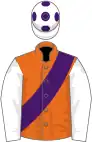 Orange, purple sash, white sleeves, white cap, purple spots