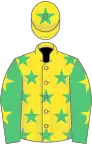 ellow, emerald green stars, emerald green sleeves, yellow stars, yellow cap, emerald green star