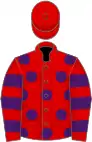 Red, purple spots, hooped sleeves, red cap