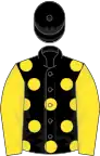 Black, yellow spots, yellow sleeves, black cap