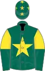 Dark green, yellow star, yellow and dark green halved sleeves, dark green cap, yellow stars