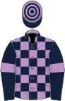 Mauve and dark blue check, dark blue sleeves, mauve armlets, hooped cap