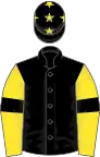 Black, yellow sleeves, black armlets, black cap, yellow stars