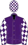 Purple, white diamonds on sleeves, purple and pink check cap