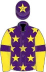 Purple, yellow stars, yellow sleeves, purple armlets, purple cap, yellow star