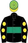 Black, emerald green hoop, black sleeves, yellow spots, yellow and emerald green hooped cap