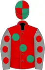 Red, large emerald green spots, grey sleeves, red spots, emerald green and red quartered cap