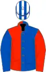 Royal blue and scarlet (halved), sleeves reversed; blue and white striped cap