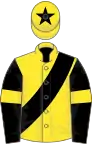 Yellow, black sash, black sleeves, yellow armlets, yellow cap, black star