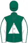 Dark green, white triangular panel, white sleeves, dark green seams, dark green cap