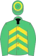 Emerald green, yellow chevrons, hoop on cap