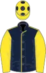 Dark blue, yellow seams and sleeves, yellow cap, blue spots