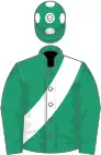 Emerald green, white sash, white spots on cap