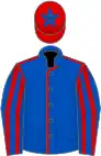 Royal blue, red seams, red and royal blue striped sleeves, red cap, royal blue star