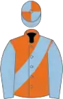 Orange, light blue sash and sleeves, light blue and orange quartered cap