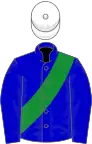 Blue, green sash, white cap