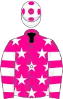 Magenta, white stars and hoops on sleeves, white cap, magenta spots