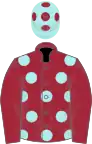 Maroon, pale blue spots, maroon sleeves, pale blue cap, maroon spots