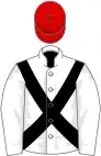 White, black cross-belts, red cap