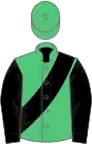 Emerald green, black sash and sleeves, green cap