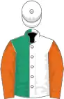 WHITE and EMERALD GREEN (halved), orange sleeves, white cap