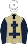 Beige, dark blue cross of lorraine and sleeves, white cap