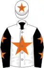 White, orange star, black sleeves, orange stars, white cap, orange star