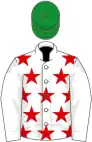 White, red stars, white sleeves, green cap