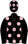 Black, pink spots, black sleeves, black cap, pink spots