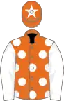 Orange, white spots, white sleeves, orange cap, white star