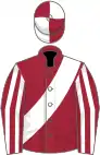 Maroon, white sash, striped sleeves, quartered cap