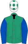 Emerald green, royal blue sleeves, white cap, emerald green spots