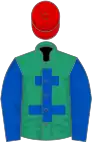 Emerald green, royal blue cross of lorraine and sleeves, red cap