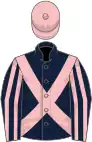 Dark blue, pink cross-belts, striped sleeves, pink cap