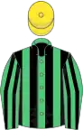 Emerald green and black stripes, yellow cap