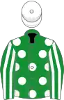 Green, white spots, striped sleeves, white cap