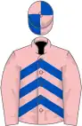 Pink, royal blue chevrons on body, quartered cap