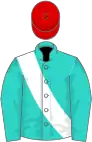 Turquoise, white sash, red cap