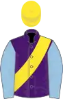 Purple, yellow sash, light blue sleeves, yellow cap