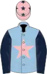 Light blue, pink star, dark blue sleeves, pink cap, dark blue stars