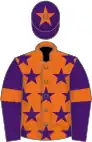 Orange, purple stars, purple sleeves, orange armlets and star on purple cap