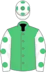 Emerald green, white sleeves, em green spots, white cap, em green spots