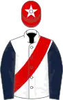 White, red sash, dark blue sleeves, red cap, white star